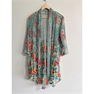 Ruby Rd Cardigan Duster Women's Size Large Open Bright Colorful Velvet Floral